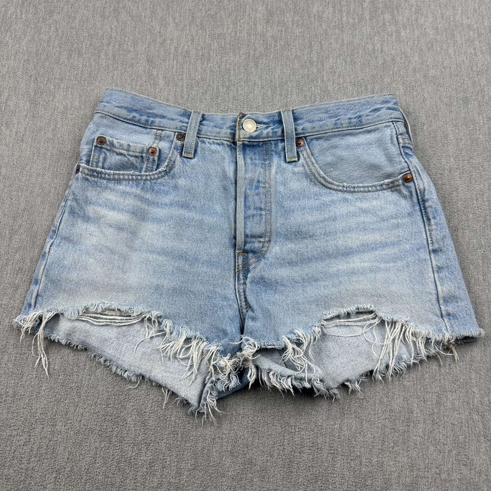 Levi's 501 Shorts Womens 26 Blue Denim Distressed Frayed Hems Button Fly Pockets